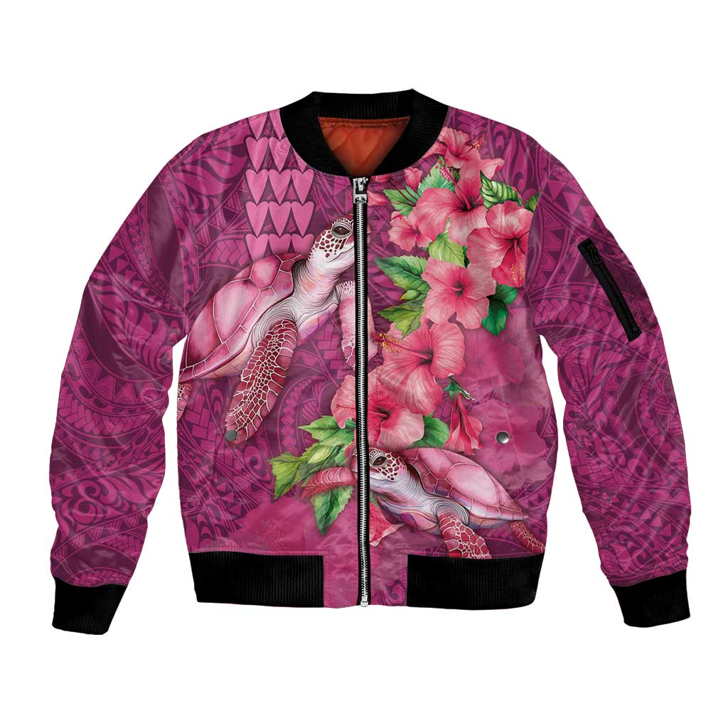 Hawaiian Turtle Love Couple Sleeve Zip Bomber Jacket - Sweet Hibiscus and Kakau Pattern Rose Color LT03 Unisex Pink - Polynesian Pride