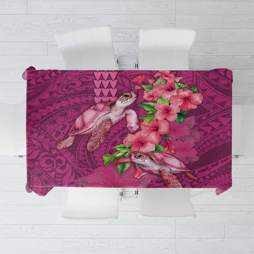 Hawaiian Turtle Love Couple Tablecloth - Sweet Hibiscus and Kakau Pattern Rose Color LT03 Pink - Polynesian Pride