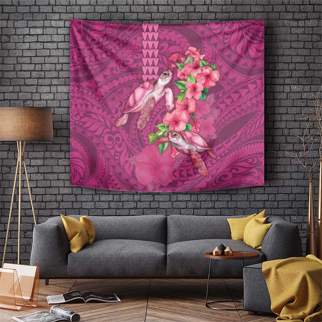 Hawaiian Turtle Love Couple Tapestry - Sweet Hibiscus and Kakau Pattern Rose Color LT03 Pink - Polynesian Pride
