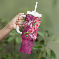 Hawaiian Turtle Love Couple Tumbler With Handle Sweet Hibiscus and Kakau Pattern Rose Color