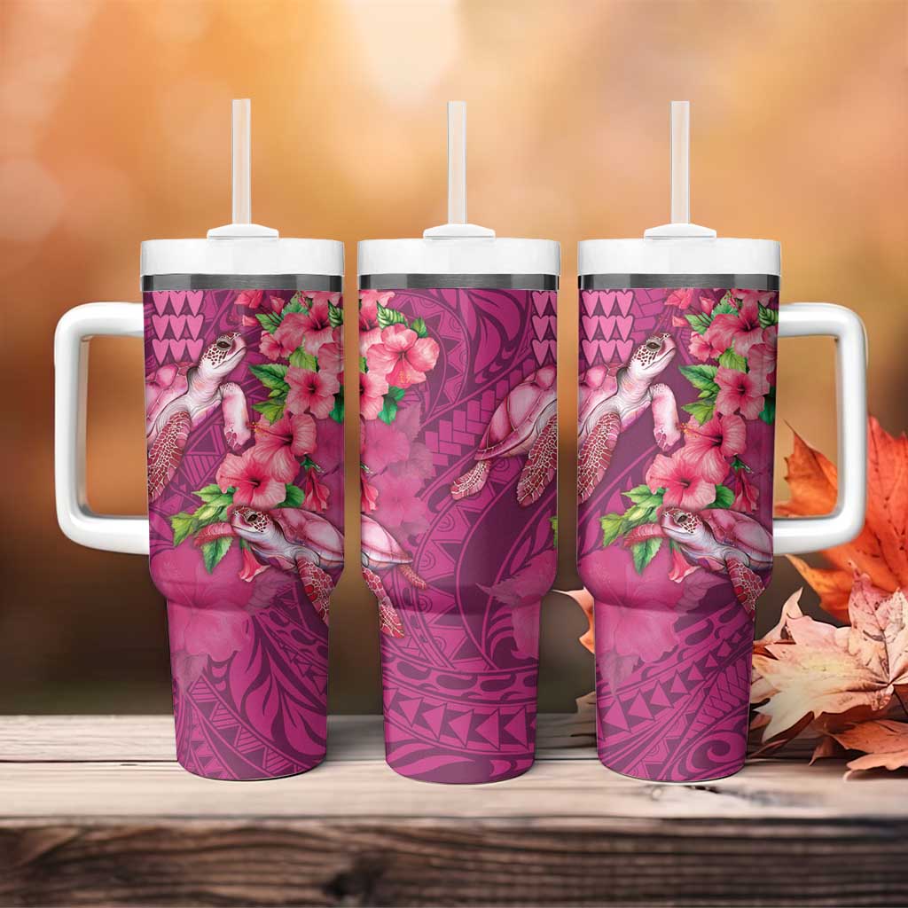 Hawaiian Turtle Love Couple Tumbler With Handle Sweet Hibiscus and Kakau Pattern Rose Color