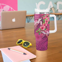 Hawaiian Turtle Love Couple Tumbler With Handle Sweet Hibiscus and Kakau Pattern Rose Color
