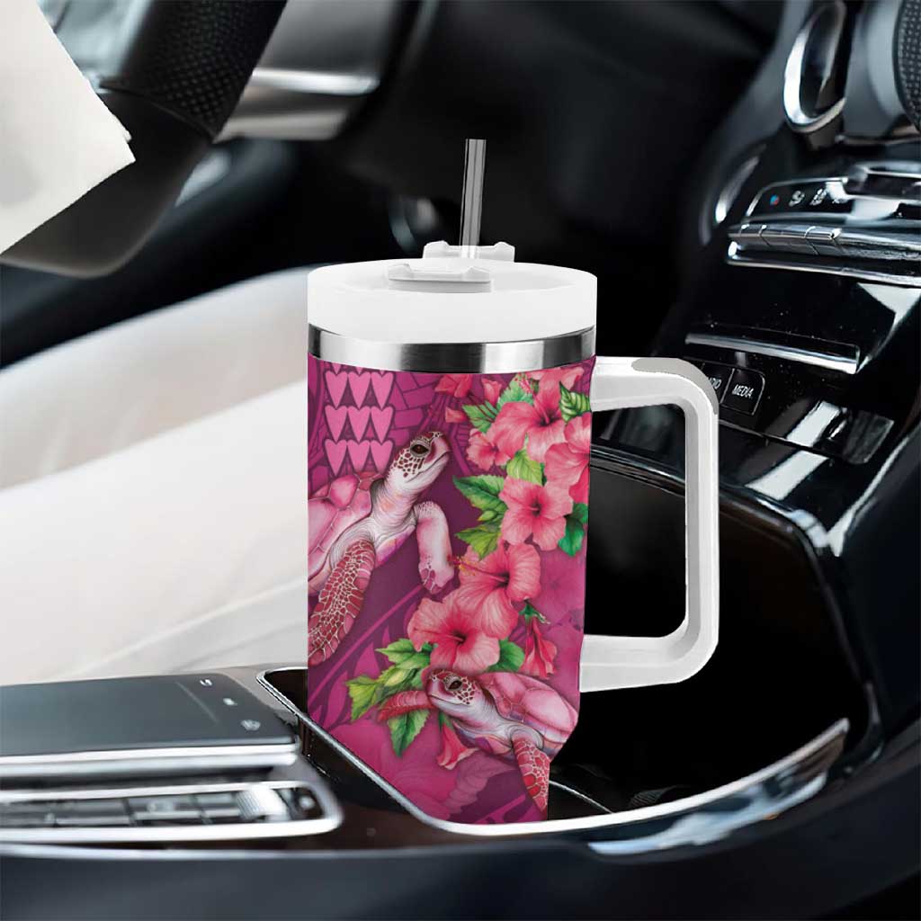 Hawaiian Turtle Love Couple Tumbler With Handle Sweet Hibiscus and Kakau Pattern Rose Color