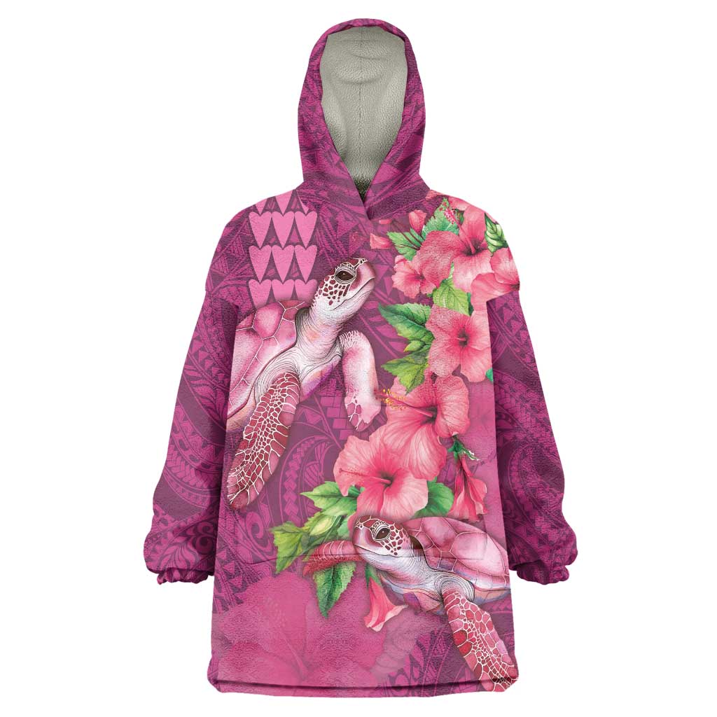 Hawaiian Turtle Love Couple Wearable Blanket Hoodie - Sweet Hibiscus and Kakau Pattern Rose Color LT03 One Size Pink - Polynesian Pride