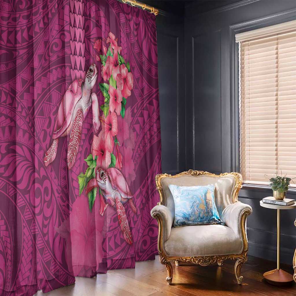 Hawaiian Turtle Love Couple Window Curtain - Sweet Hibiscus and Kakau Pattern Rose Color