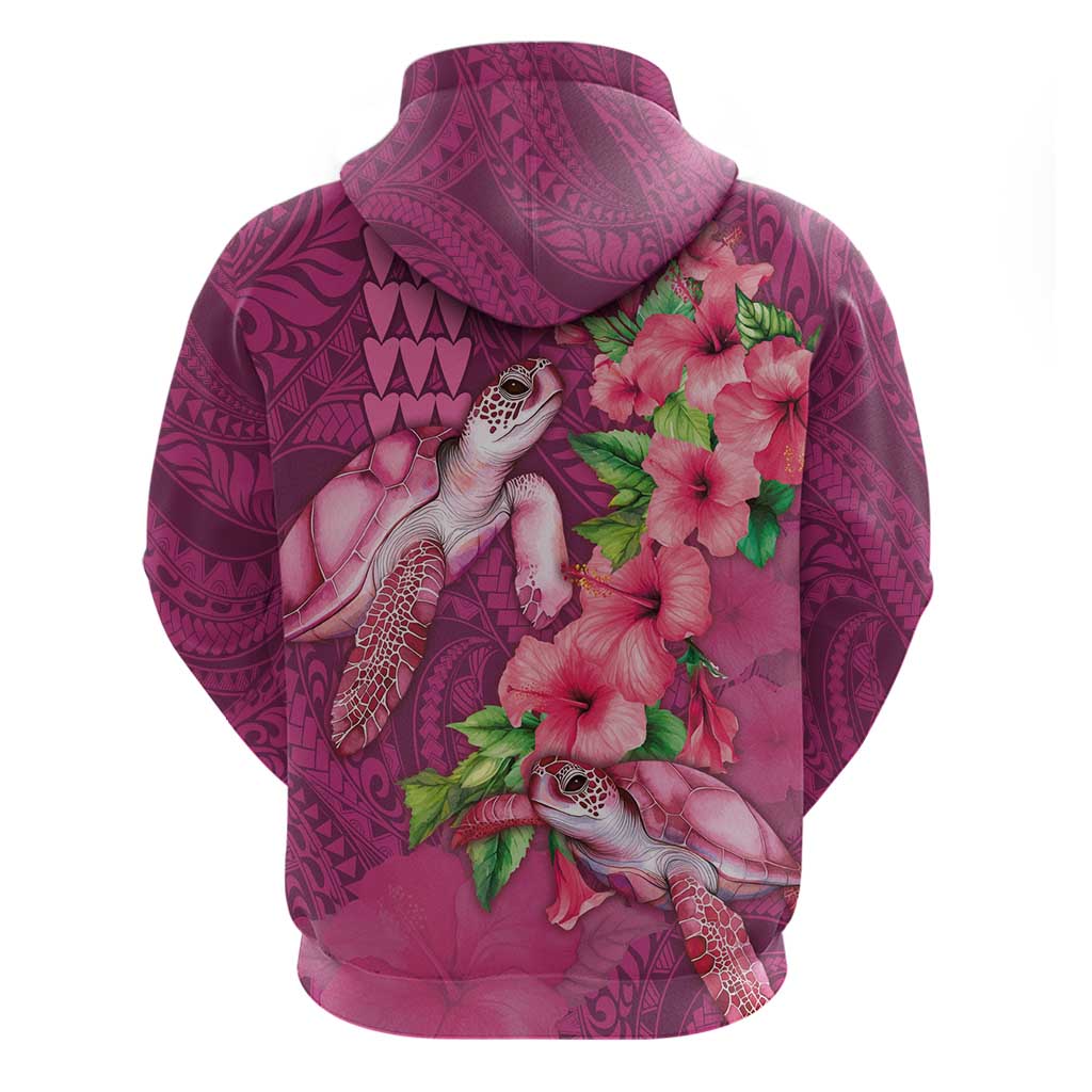 Hawaiian Turtle Love Couple Zip Hoodie - Sweet Hibiscus and Kakau Pattern Rose Color