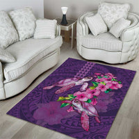 Hawaiian Turtle Love Couple Area Rug - Sweet Hibiscus and Kakau Pattern Deep Purple Color