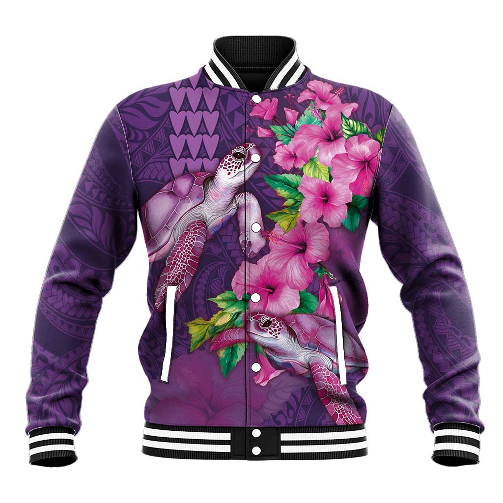 Hawaiian Turtle Love Couple Baseball Jacket - Sweet Hibiscus and Kakau Pattern Deep Purple Color LT03 Unisex Purple - Polynesian Pride
