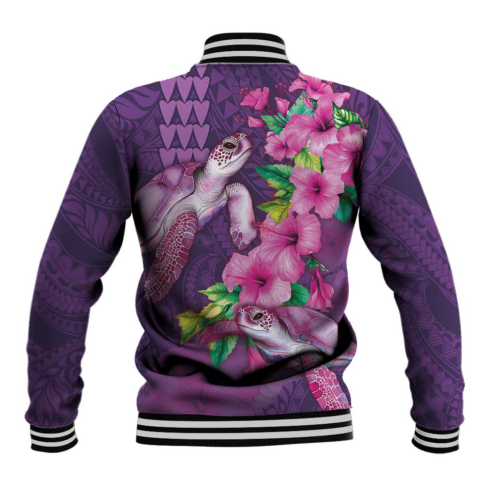 Hawaiian Turtle Love Couple Baseball Jacket - Sweet Hibiscus and Kakau Pattern Deep Purple Color
