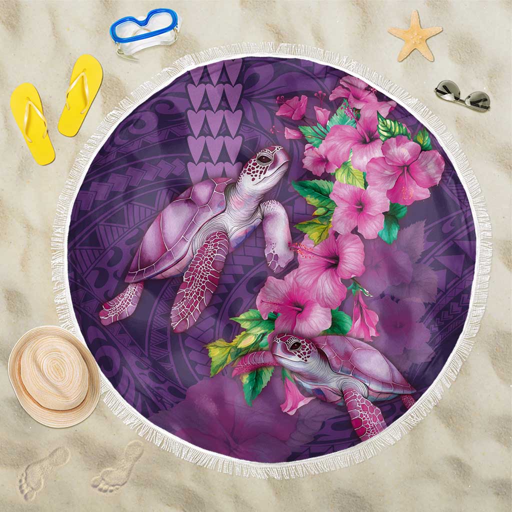 Hawaiian Turtle Love Couple Beach Blanket - Sweet Hibiscus and Kakau Pattern Deep Purple Color LT03 One Size 150cm Purple - Polynesian Pride