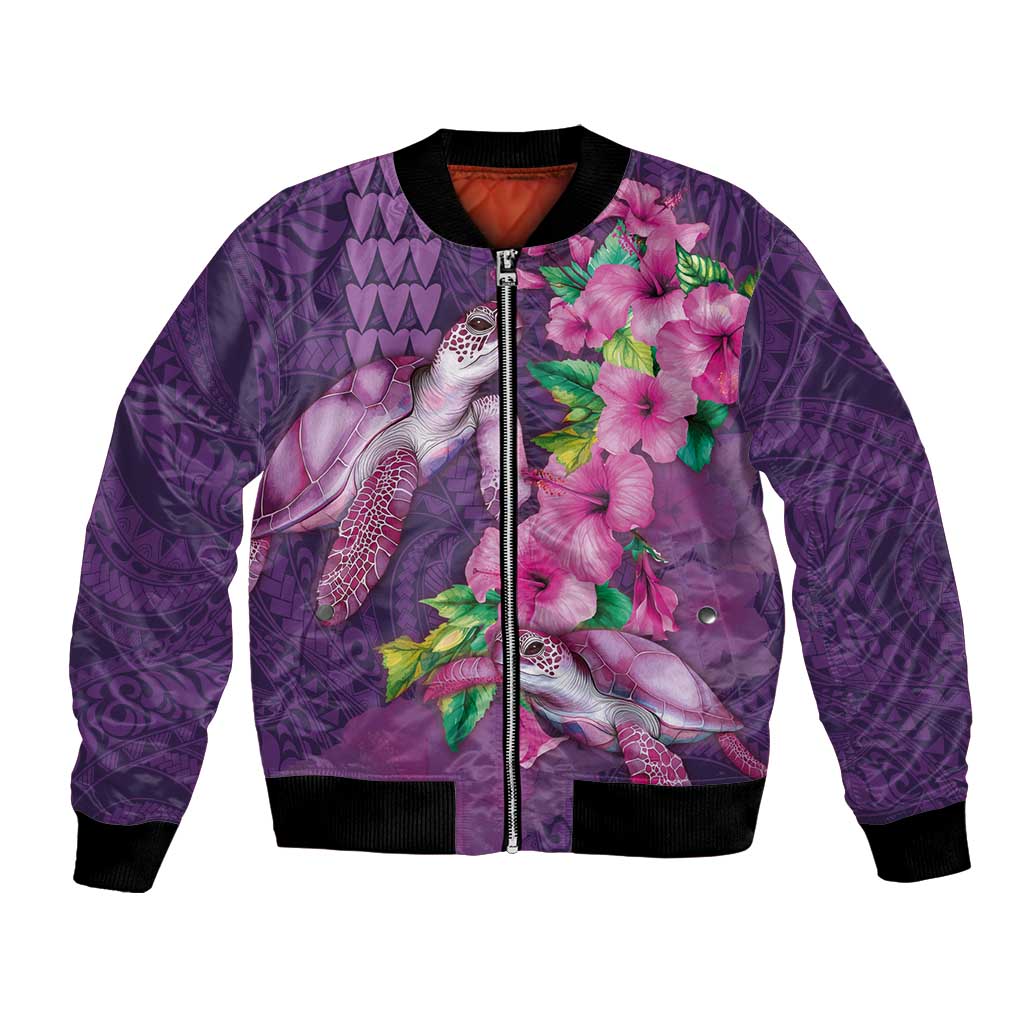 Hawaiian Turtle Love Couple Bomber Jacket - Sweet Hibiscus and Kakau Pattern Deep Purple Color LT03 Unisex Purple - Polynesian Pride