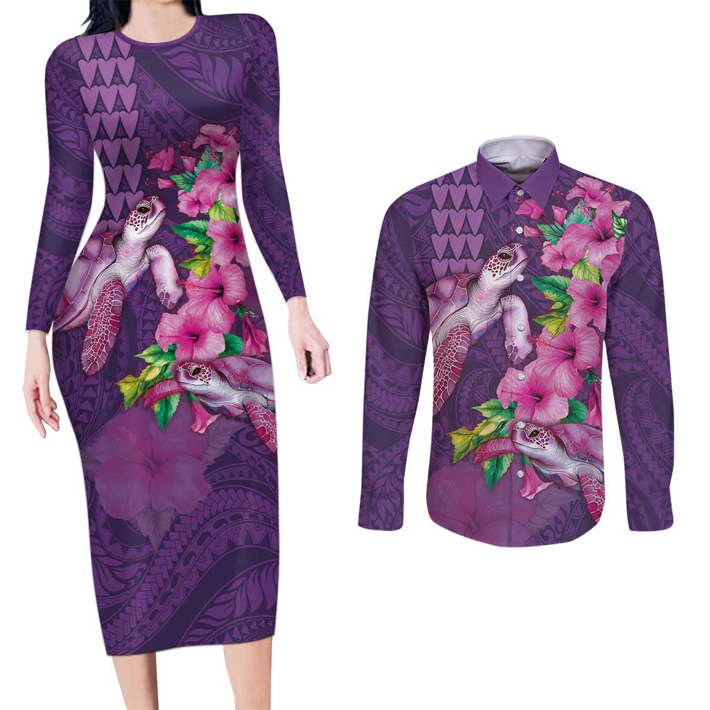 Hawaiian Turtle Love Couple Couples Matching Long Sleeve Bodycon Dress and Long Sleeve Button Shirt - Sweet Hibiscus and Kakau Pattern Deep Purple Color LT03 Purple - Polynesian Pride