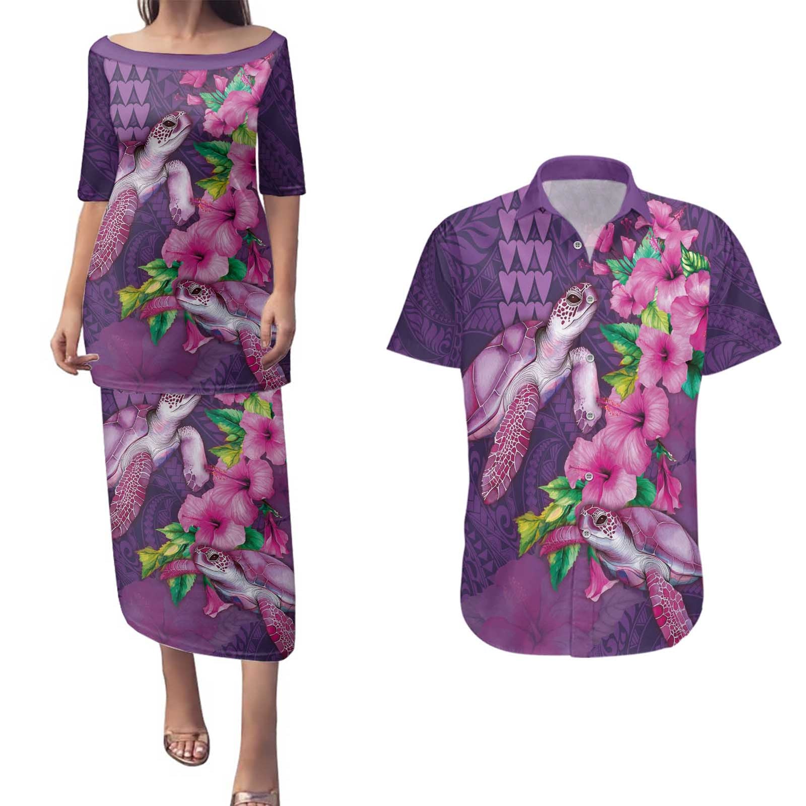 Hawaiian Turtle Love Couple Couples Matching Puletasi and Hawaiian Shirt - Sweet Hibiscus and Kakau Pattern Deep Purple Color LT03 Purple - Polynesian Pride