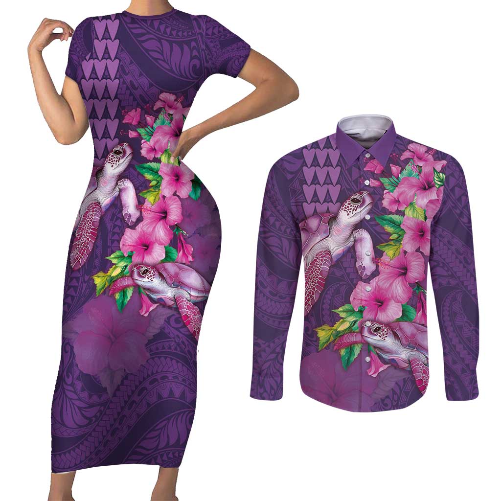 Hawaiian Turtle Love Couple Couples Matching Short Sleeve Bodycon Dress and Long Sleeve Button Shirt - Sweet Hibiscus and Kakau Pattern Deep Purple Color LT03 Purple - Polynesian Pride