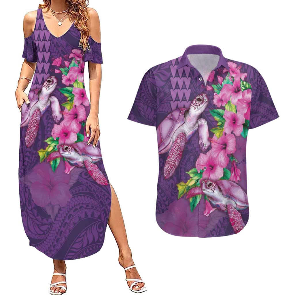 Hawaiian Turtle Love Couple Couples Matching Summer Maxi Dress and Hawaiian Shirt - Sweet Hibiscus and Kakau Pattern Deep Purple Color LT03 Purple - Polynesian Pride