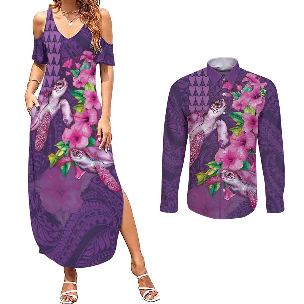 Hawaiian Turtle Love Couple Couples Matching Summer Maxi Dress and Long Sleeve Button Shirt - Sweet Hibiscus and Kakau Pattern Deep Purple Color LT03 Purple - Polynesian Pride