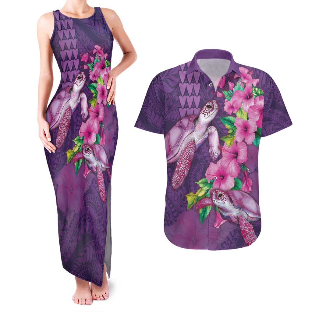 Hawaiian Turtle Love Couple Couples Matching Tank Maxi Dress and Hawaiian Shirt - Sweet Hibiscus and Kakau Pattern Deep Purple Color LT03 Purple - Polynesian Pride