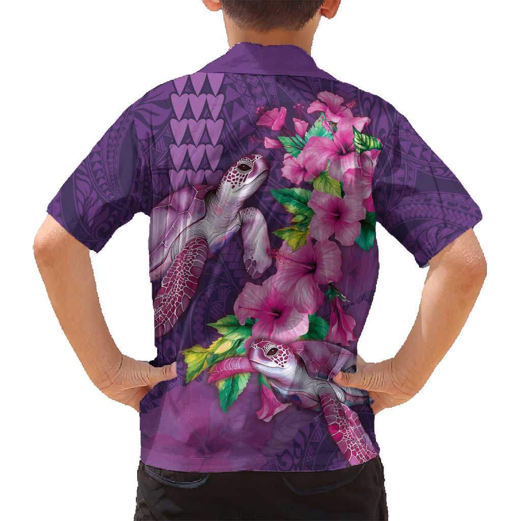 Hawaiian Turtle Love Couple Family Matching Long Sleeve Bodycon Dress and Hawaiian Shirt - Sweet Hibiscus and Kakau Pattern Deep Purple Color