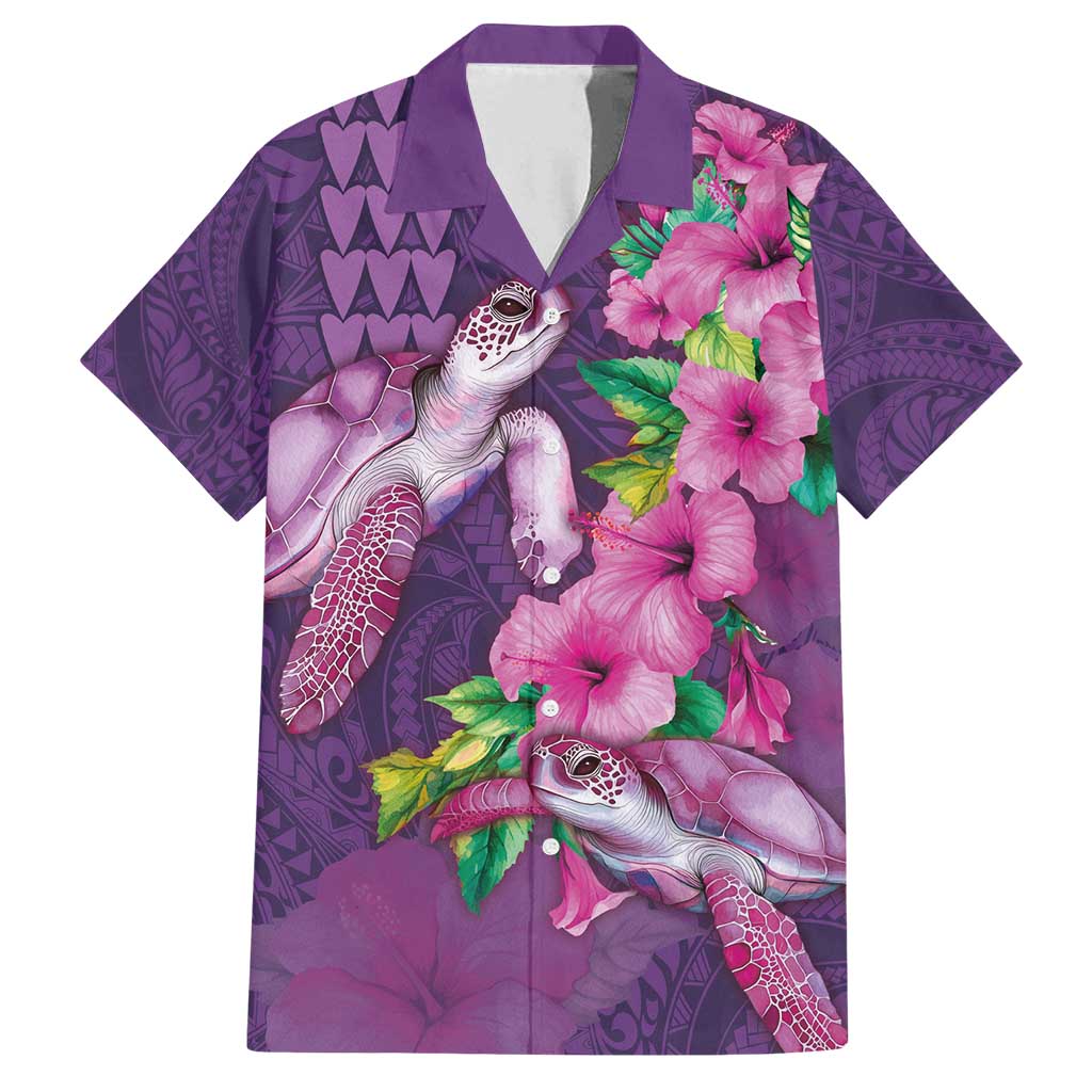 Hawaiian Turtle Love Couple Family Matching Summer Maxi Dress and Hawaiian Shirt - Sweet Hibiscus and Kakau Pattern Deep Purple Color LT03 Dad's Shirt - Short Sleeve Purple - Polynesian Pride