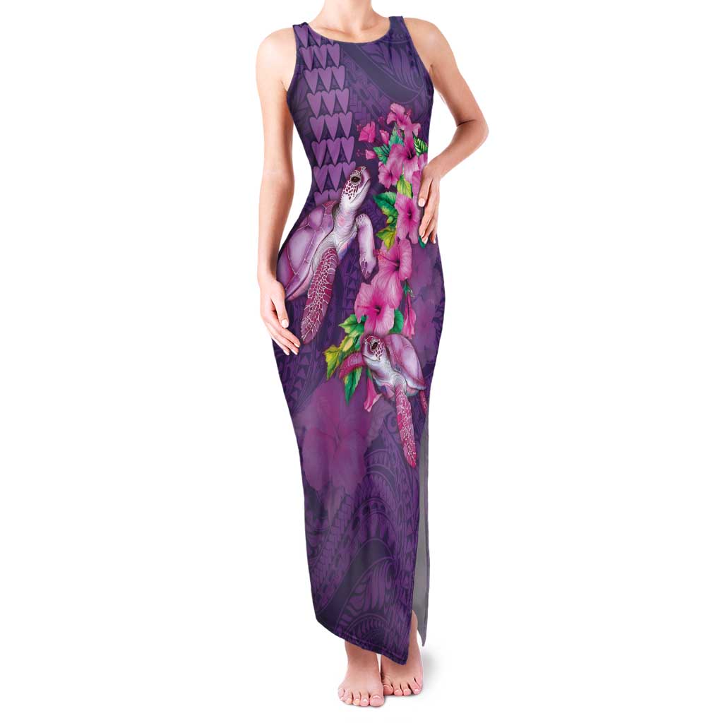 Hawaiian Turtle Love Couple Family Matching Tank Maxi Dress and Hawaiian Shirt - Sweet Hibiscus and Kakau Pattern Deep Purple Color