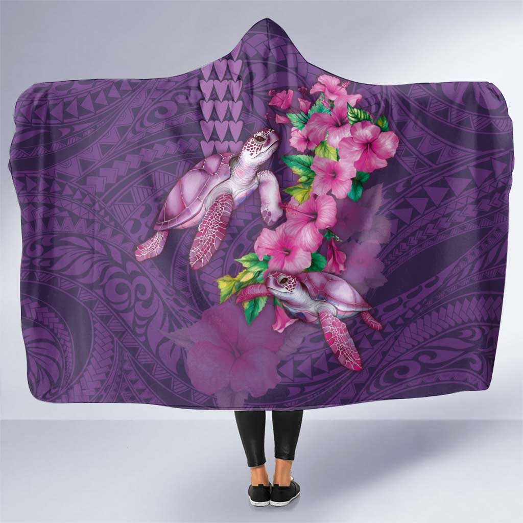 Hawaiian Turtle Love Couple Hooded Blanket - Sweet Hibiscus and Kakau Pattern Deep Purple Color LT03 One Size Purple - Polynesian Pride