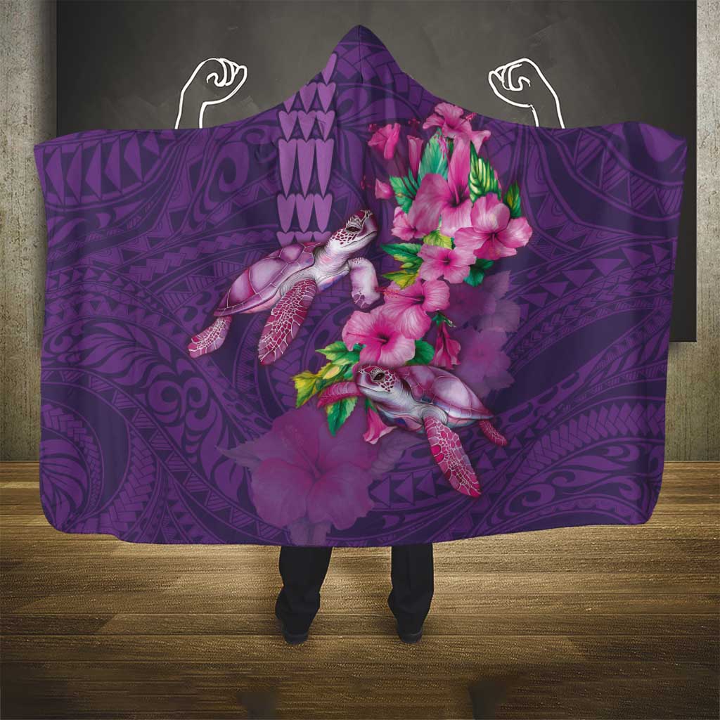 Hawaiian Turtle Love Couple Hooded Blanket - Sweet Hibiscus and Kakau Pattern Deep Purple Color
