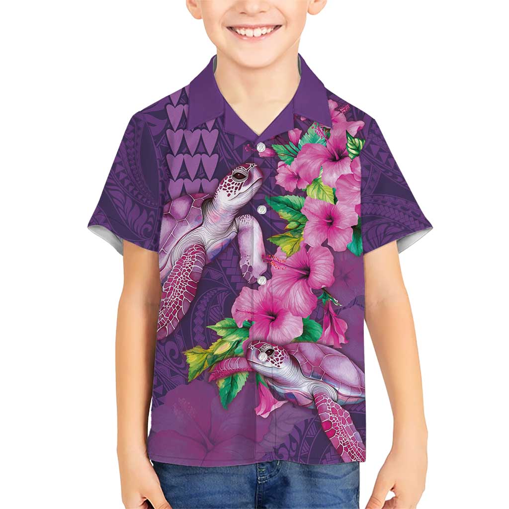 Hawaiian Turtle Love Couple Kid Hawaiian Shirt - Sweet Hibiscus and Kakau Pattern Deep Purple Color