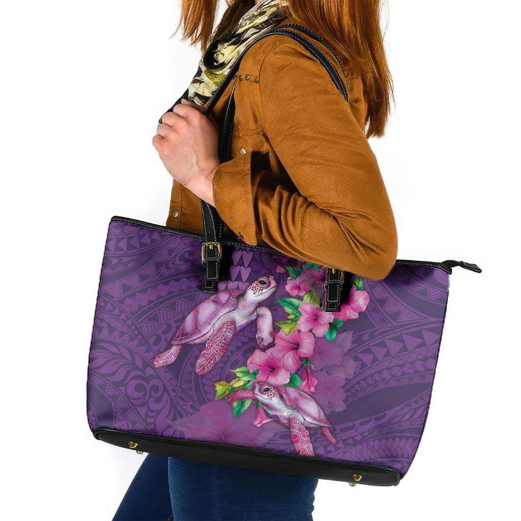 Hawaiian Turtle Love Couple Leather Tote Bag - Sweet Hibiscus and Kakau Pattern Deep Purple Color LT03 Purple - Polynesian Pride