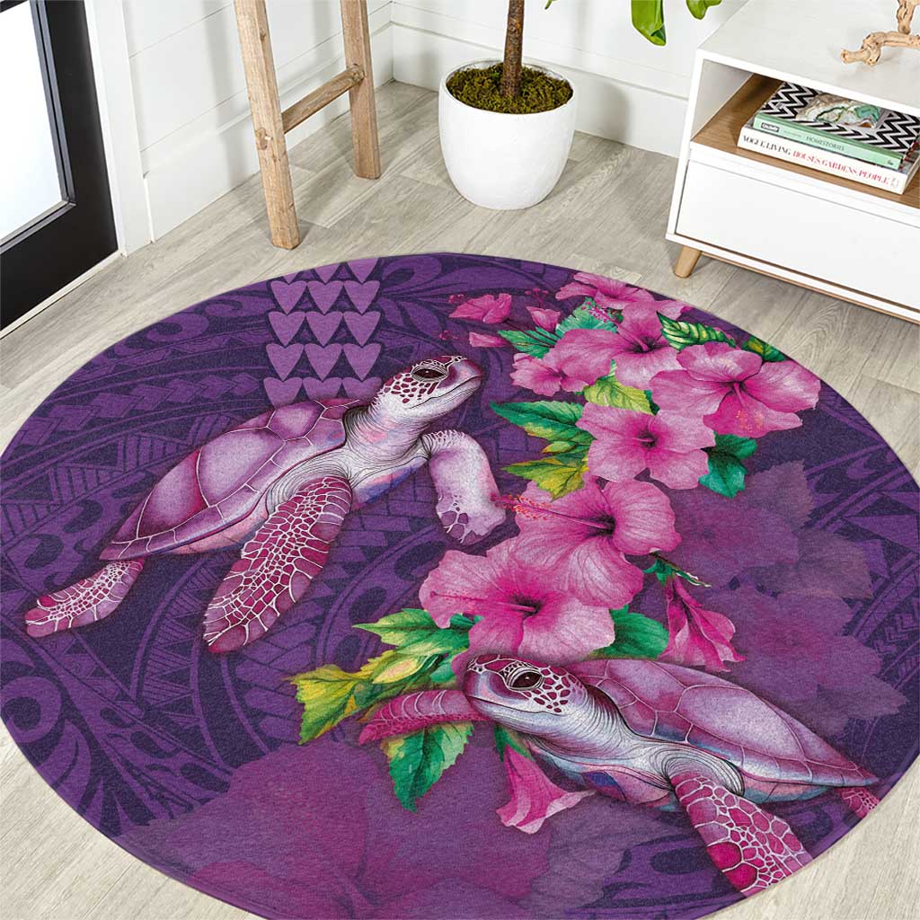 Hawaiian Turtle Love Couple Round Carpet - Sweet Hibiscus and Kakau Pattern Deep Purple Color LT03 Purple - Polynesian Pride