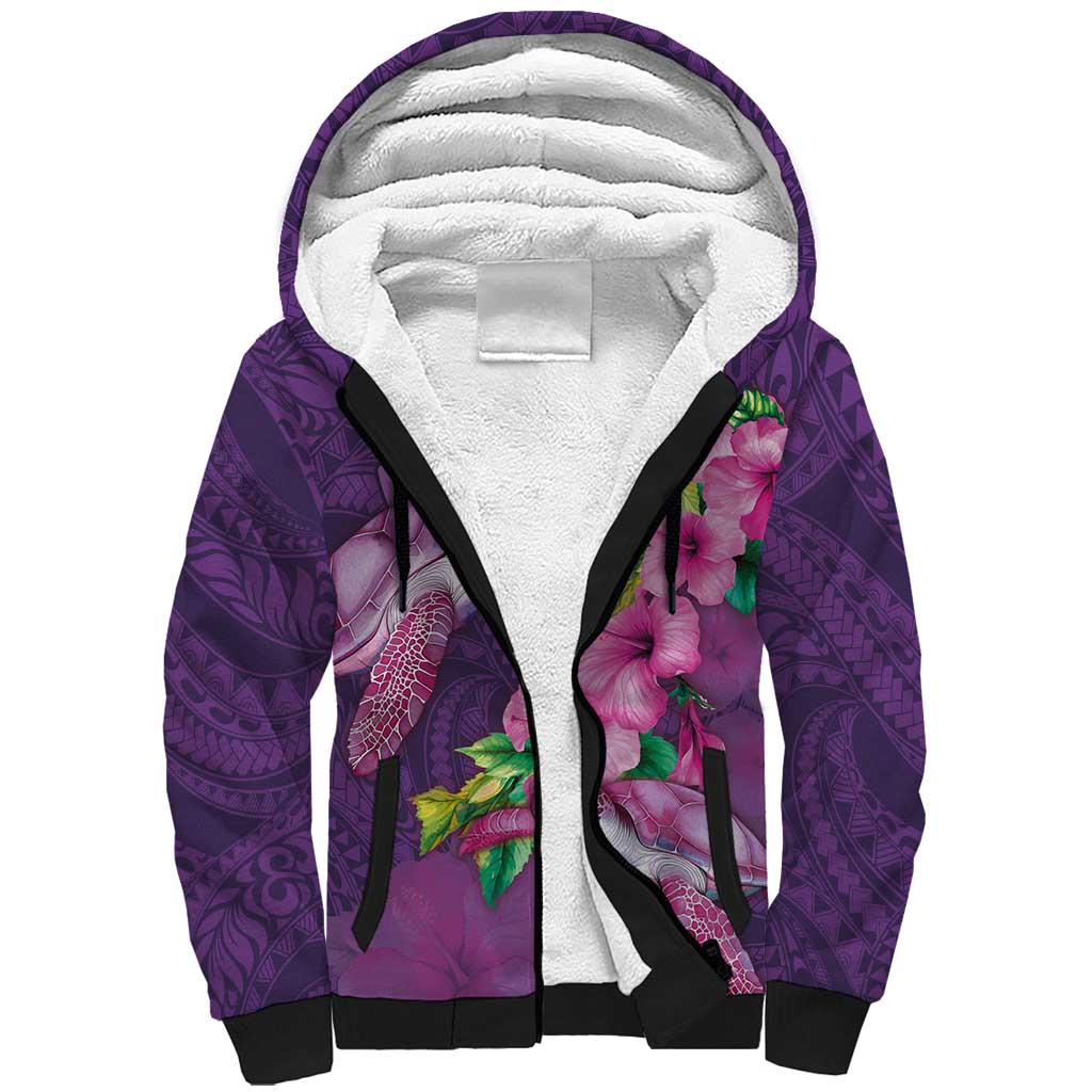 Hawaiian Turtle Love Couple Sherpa Hoodie - Sweet Hibiscus and Kakau Pattern Deep Purple Color LT03 Unisex Purple - Polynesian Pride