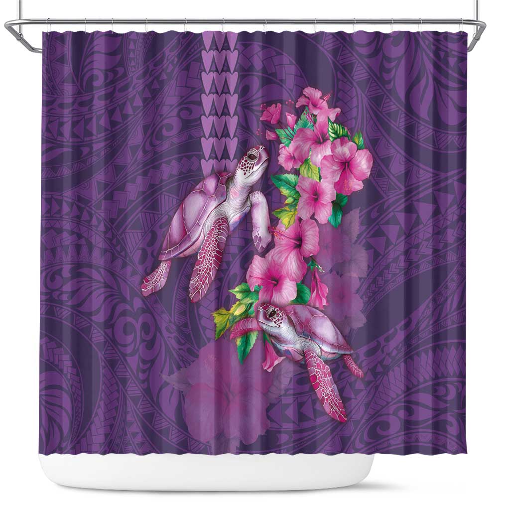 Hawaiian Turtle Love Couple Shower Curtain - Sweet Hibiscus and Kakau Pattern Deep Purple Color LT03 Purple - Polynesian Pride