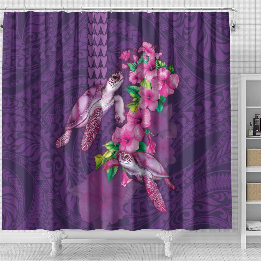 Hawaiian Turtle Love Couple Shower Curtain - Sweet Hibiscus and Kakau Pattern Deep Purple Color