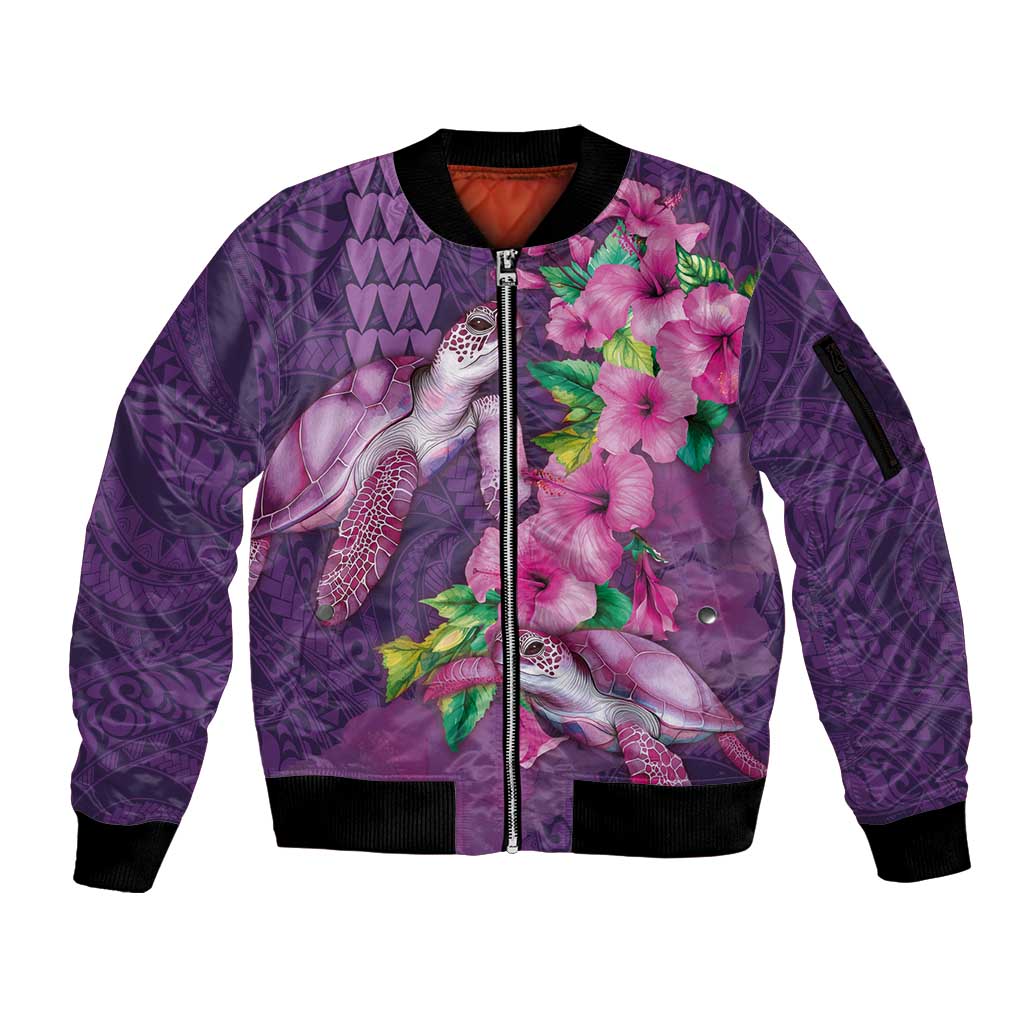 Hawaiian Turtle Love Couple Sleeve Zip Bomber Jacket - Sweet Hibiscus and Kakau Pattern Deep Purple Color LT03 Unisex Purple - Polynesian Pride