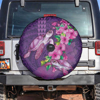 Hawaiian Turtle Love Couple Spare Tire Cover - Sweet Hibiscus and Kakau Pattern Deep Purple Color