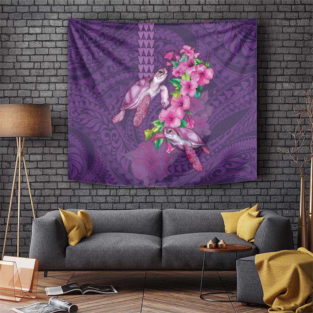 Hawaiian Turtle Love Couple Tapestry - Sweet Hibiscus and Kakau Pattern Deep Purple Color LT03 Purple - Polynesian Pride