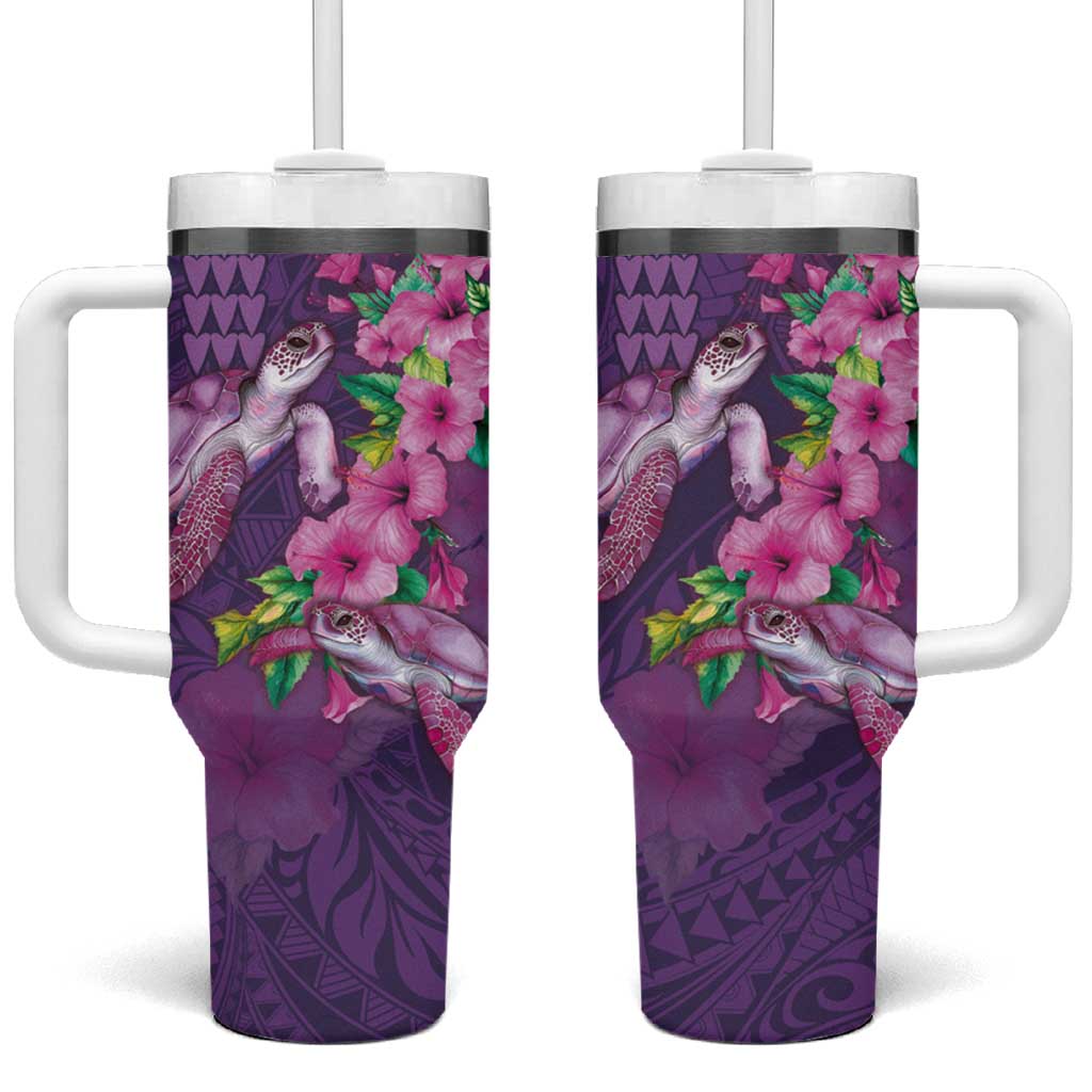 Hawaiian Turtle Love Couple Tumbler With Handle Sweet Hibiscus and Kakau Pattern Deep Purple Color