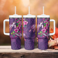 Hawaiian Turtle Love Couple Tumbler With Handle Sweet Hibiscus and Kakau Pattern Deep Purple Color