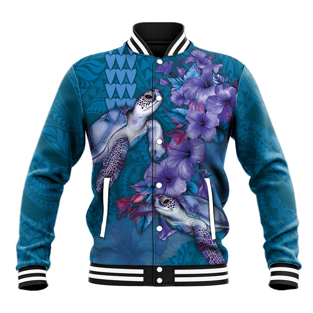 Hawaiian Turtle Love Couple Baseball Jacket - Sweet Hibiscus and Kakau Pattern Sapphire Color LT03 Unisex Blue - Polynesian Pride