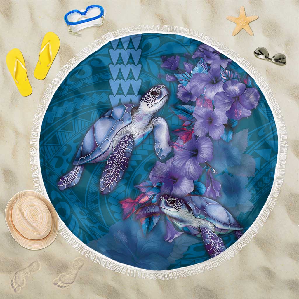 Hawaiian Turtle Love Couple Beach Blanket - Sweet Hibiscus and Kakau Pattern Sapphire Color LT03 One Size 150cm Blue - Polynesian Pride