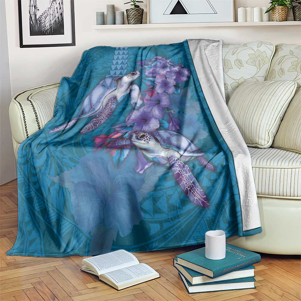 Hawaiian Turtle Love Couple Blanket - Sweet Hibiscus and Kakau Pattern Sapphire Color LT03 Blue - Polynesian Pride