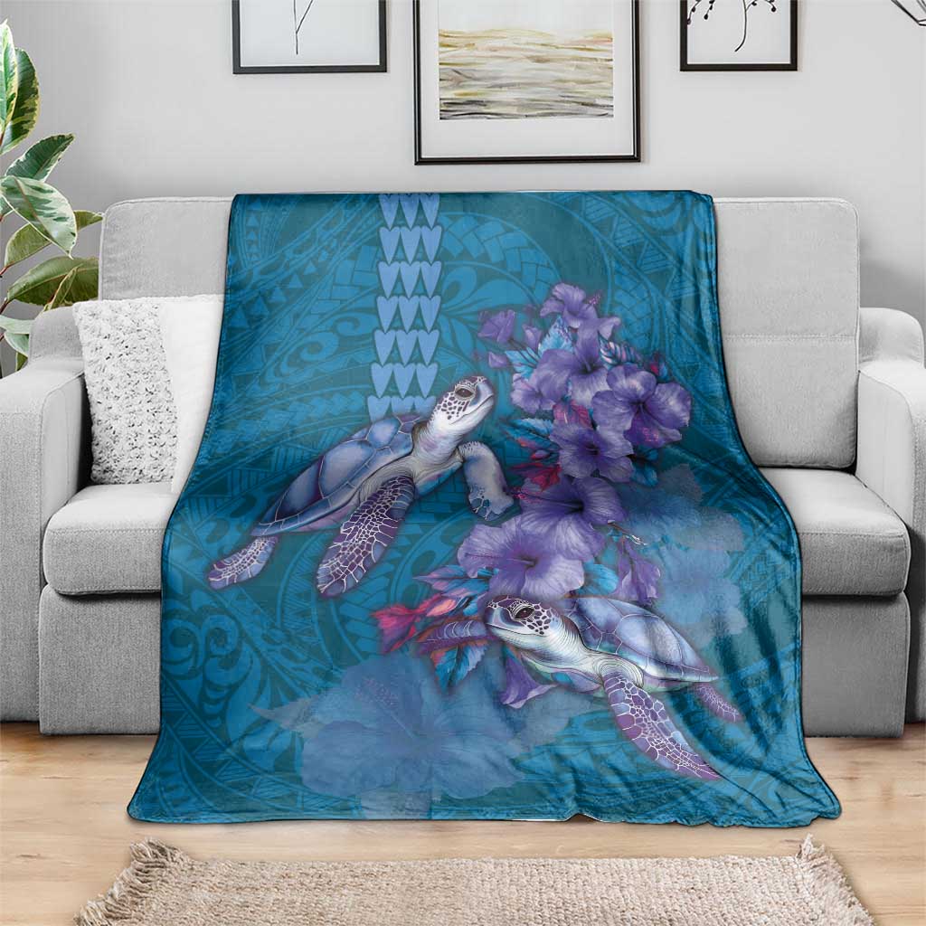 Hawaiian Turtle Love Couple Blanket - Sweet Hibiscus and Kakau Pattern Sapphire Color