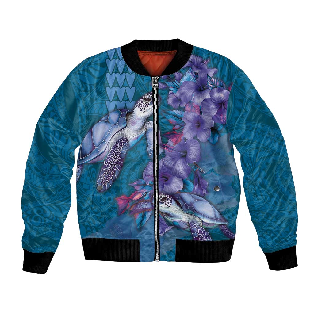 Hawaiian Turtle Love Couple Bomber Jacket - Sweet Hibiscus and Kakau Pattern Sapphire Color LT03 Unisex Blue - Polynesian Pride