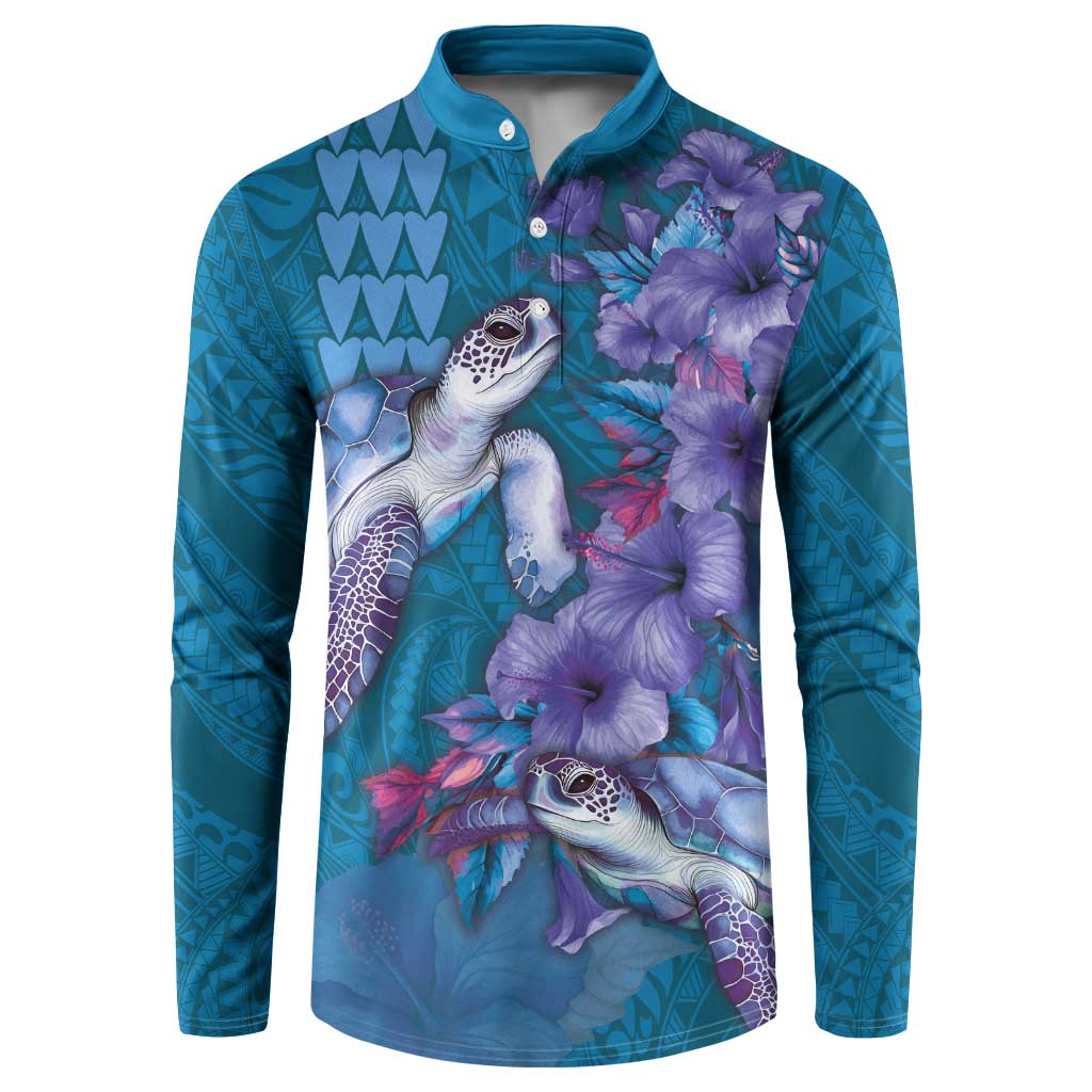 Hawaiian Turtle Love Couple Button Sweatshirt - Sweet Hibiscus and Kakau Pattern Sapphire Color LT03 Blue - Polynesian Pride