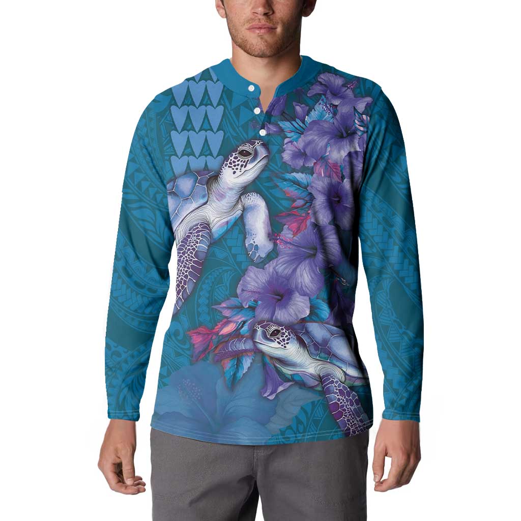 Hawaiian Turtle Love Couple Button Sweatshirt - Sweet Hibiscus and Kakau Pattern Sapphire Color