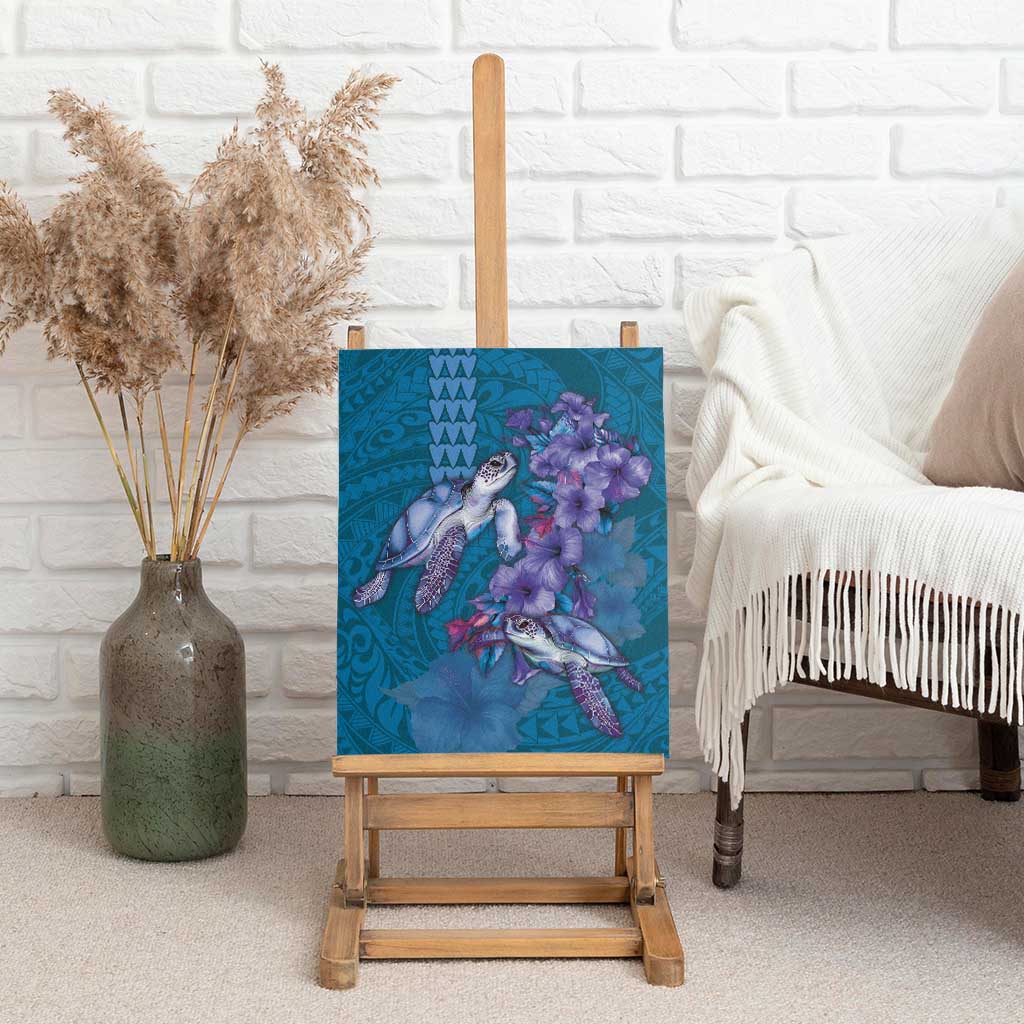 Hawaiian Turtle Love Couple Canvas Wall Art - Sweet Hibiscus and Kakau Pattern Sapphire Color LT03 - Polynesian Pride