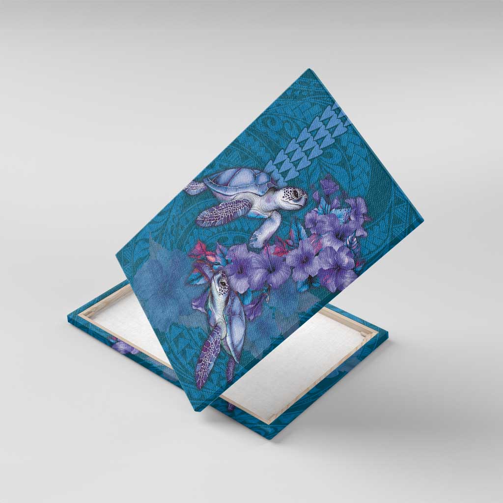 Hawaiian Turtle Love Couple Canvas Wall Art - Sweet Hibiscus and Kakau Pattern Sapphire Color LT03 With Frame Blue - Polynesian Pride