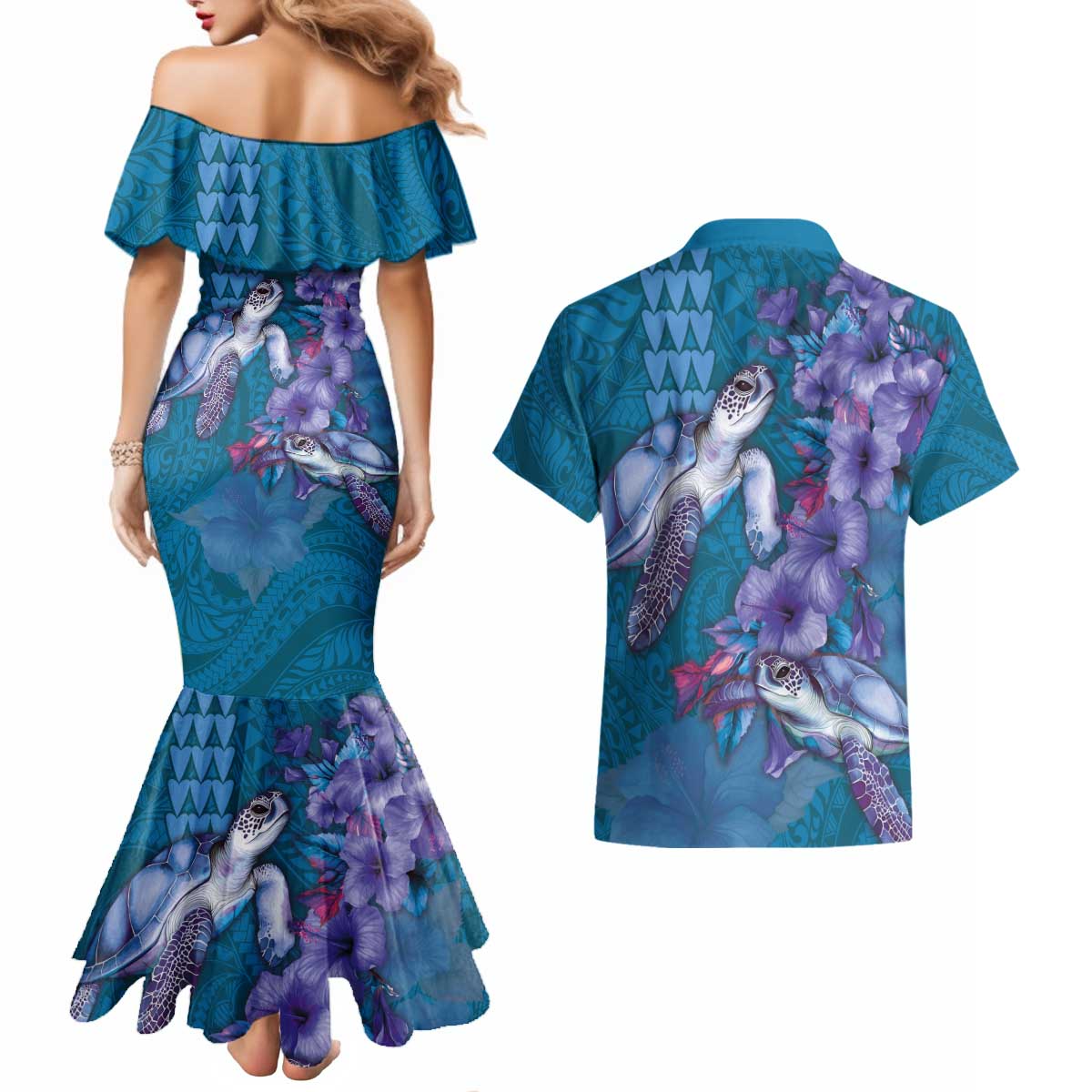 Hawaiian Turtle Love Couple Couples Matching Mermaid Dress and Hawaiian Shirt - Sweet Hibiscus and Kakau Pattern Sapphire Color