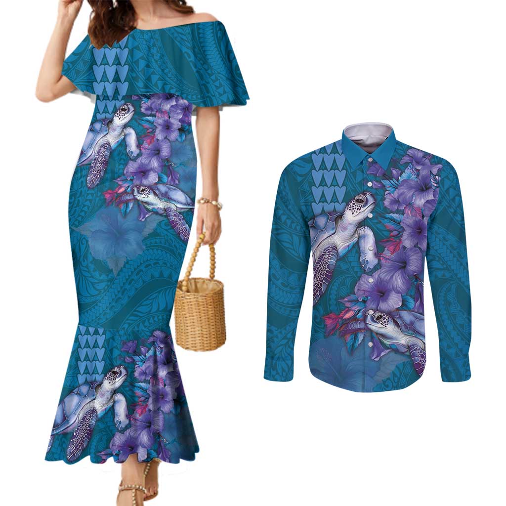 Hawaiian Turtle Love Couple Couples Matching Mermaid Dress and Long Sleeve Button Shirt - Sweet Hibiscus and Kakau Pattern Sapphire Color LT03 Blue - Polynesian Pride