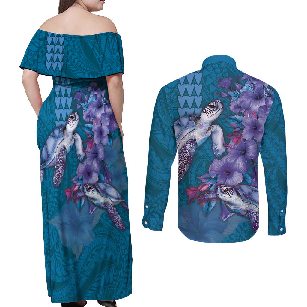 Hawaiian Turtle Love Couple Couples Matching Off Shoulder Maxi Dress and Long Sleeve Button Shirt - Sweet Hibiscus and Kakau Pattern Sapphire Color LT03 - Polynesian Pride