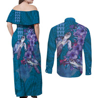 Hawaiian Turtle Love Couple Couples Matching Off Shoulder Maxi Dress and Long Sleeve Button Shirt - Sweet Hibiscus and Kakau Pattern Sapphire Color LT03 - Polynesian Pride